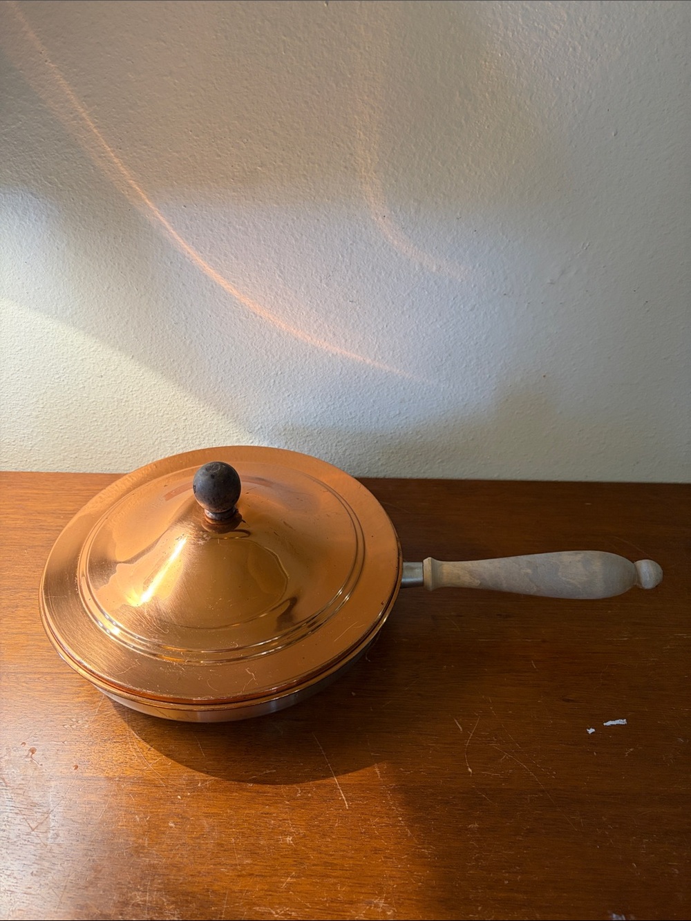 Copper Finish Saute Pan with Lid and Wooden Handle, stainless steel .